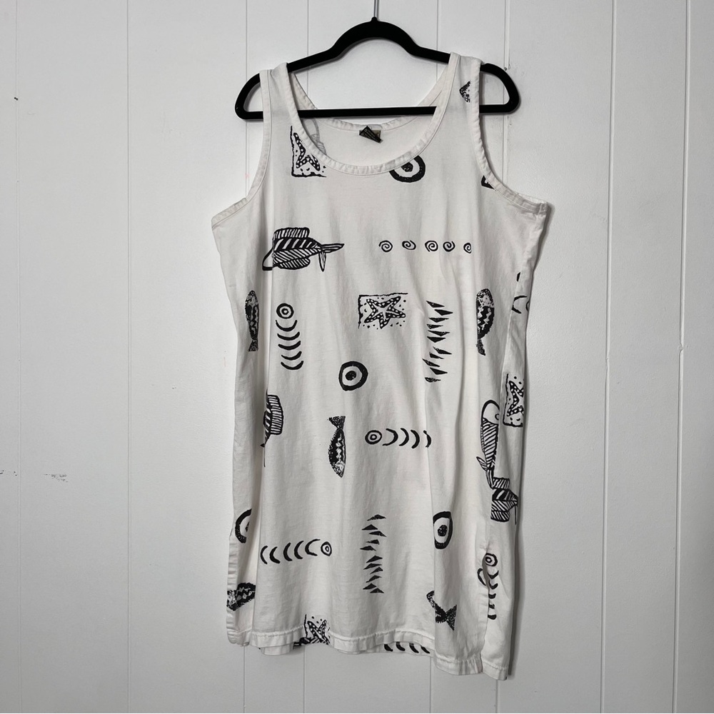 IN Gear Swim Coverup Tank Dress White with Black Fish Print 100% Rayon XL - Picture 1 of 8